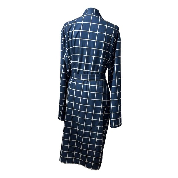 Navy & White Grid Print Long Sleeve Belted Unisex Robe XXL Lightweight By Shein - Picture 3 of 9